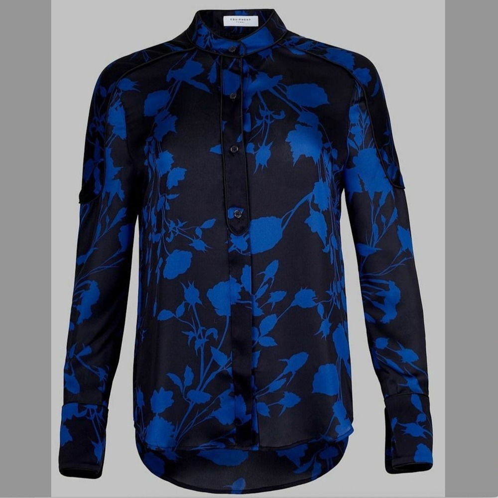 Equipment Femme Blue Black Floral Band Collar Blouse MEDIUM